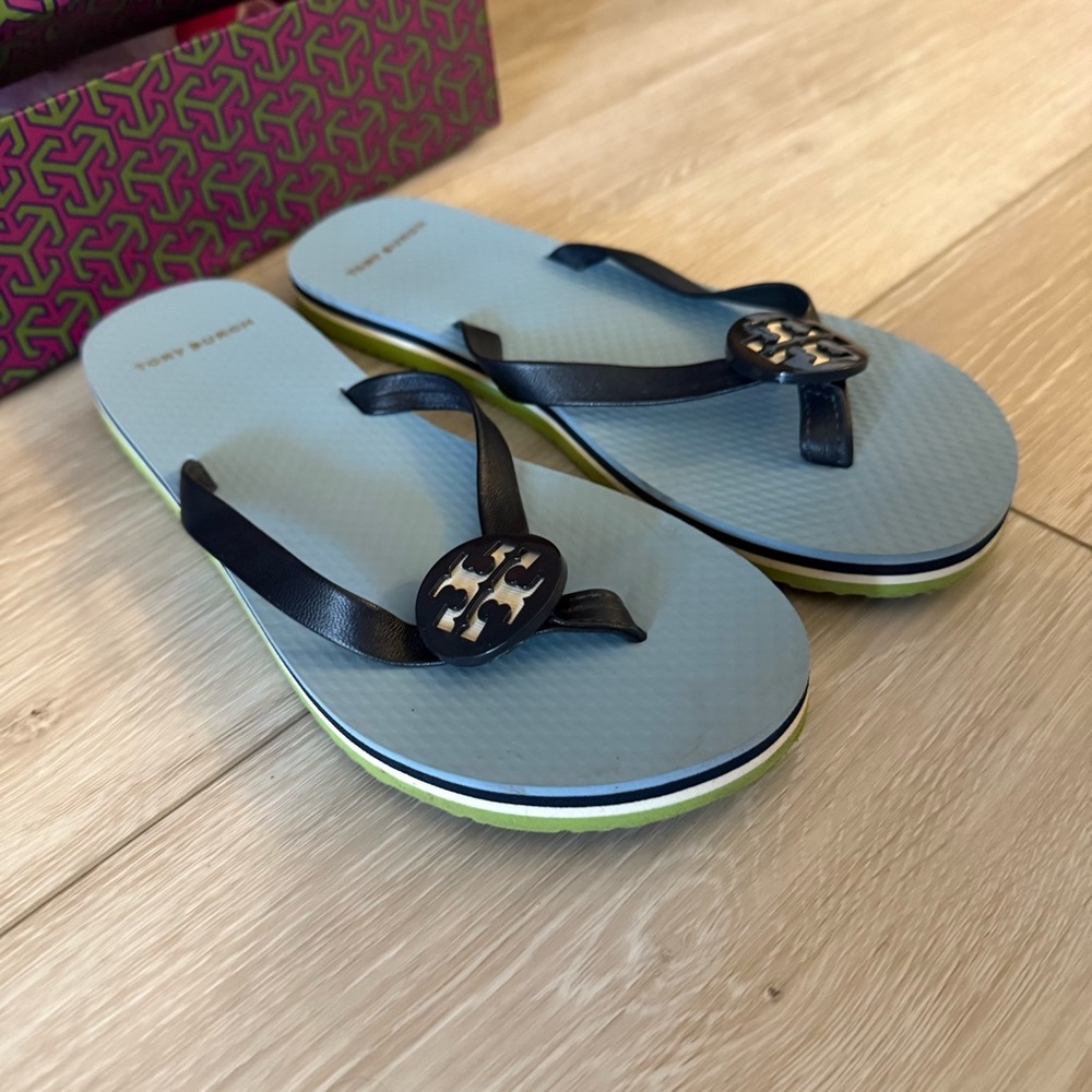 Tory Burch Minnie Flip Flop Napa Leather Black Blue White Shoe Sandal Slip on 7 - Picture 3 of 11